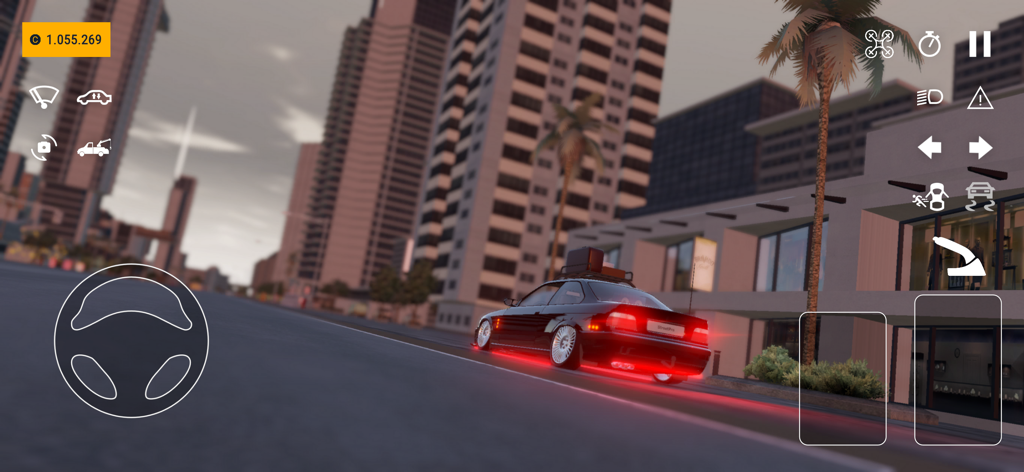 StreetPro Racing - A customized black car with red neon underglow driving through a city at night in StreetPro Racing.