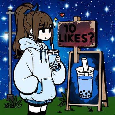 girl with oversized hoodie drinking boba and she has a high ponytail with a sign that says 10likes?