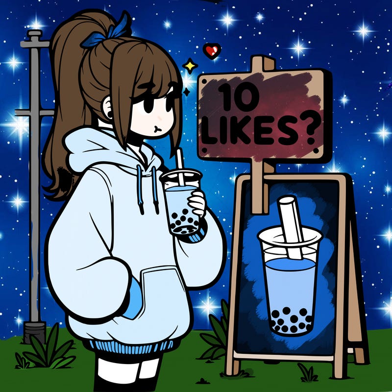girl with oversized hoodie drinking boba and she has a high ponytail with a sign that says 10likes?