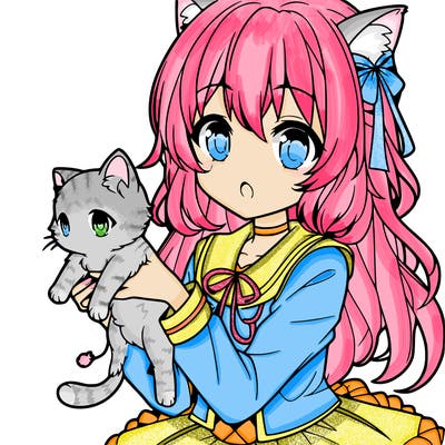an anime girl holding a kitten