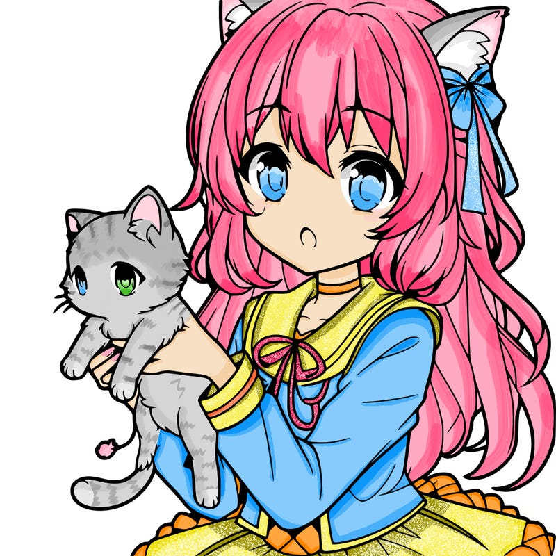 an anime girl holding a kitten