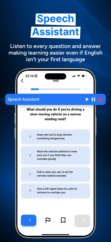 Theory Test Hero UK 2026 - Theory Test Hero UK app interface showing the speech assistant voice over feature for driving theory questions