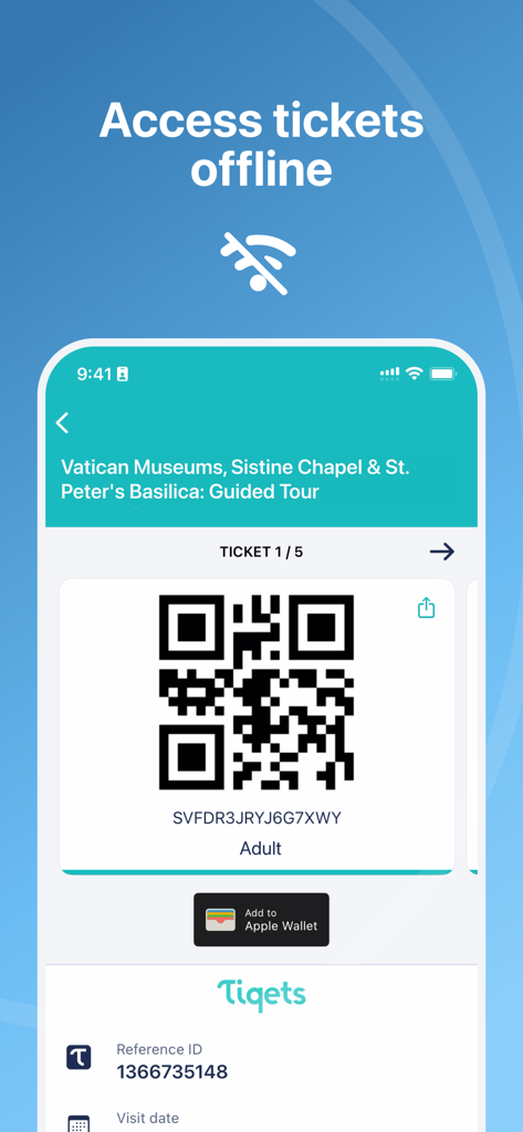 Tiqets - Museums & Attractions - Tiqets mobile app showing a digital QR code ticket for the Vatican Museums with an offline access icon and Apple Wallet option
