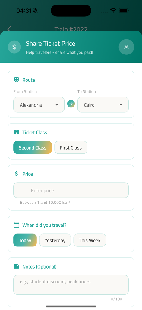 Interface do usuário para compartilhar preços de passagens de trem egípcio e detalhes da rota