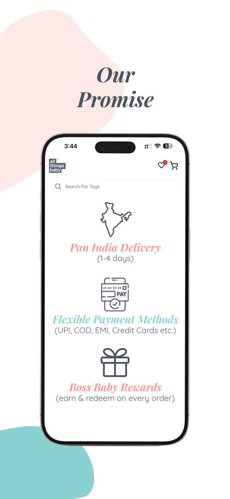 AllThingsBaby mobile app screen highlighting delivery and payment benefits