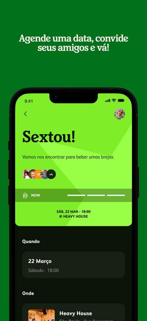 Hei - Mobile app interface for Hei showing a Friday social gathering invitation at a bar with event details and invited friends