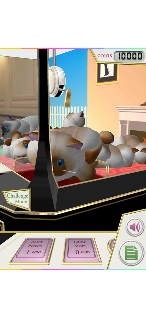 Captura de tela da jogabilidade de Claw Crane Cats mostrando uma máquina de garra virtual cheia de gatinhos de gato