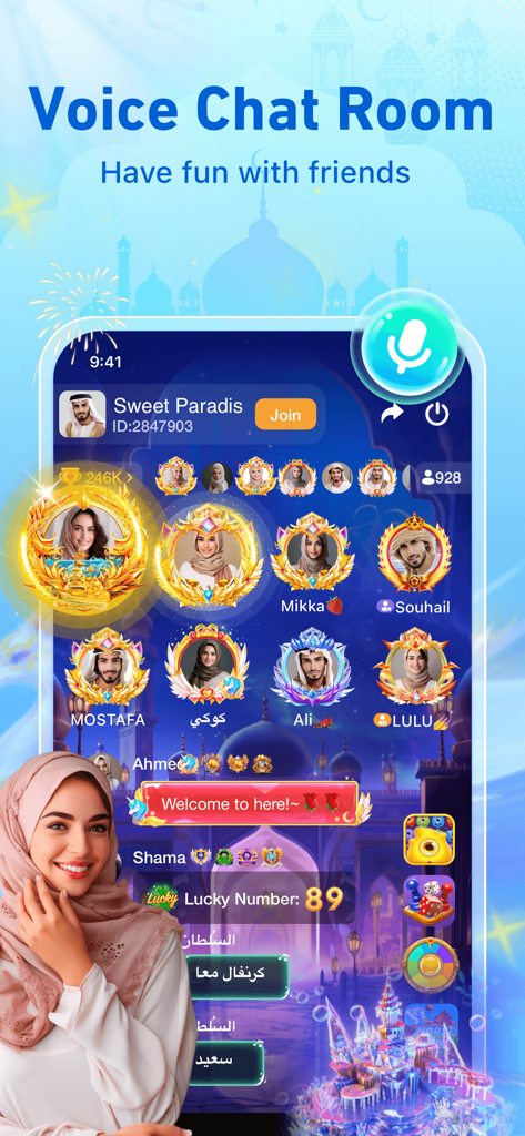 YouStar-Group Voice Chat Room - Interface de l'application mobile YouStar montrant un salon de discussion vocale de groupe avec des cadres de profil personnalisés et un arrière-plan culturel