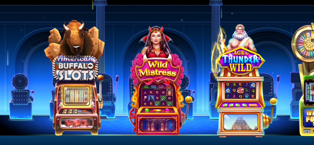 Grand Casino: Slots Games - A row of themed virtual slot machines including American Buffalo and Wild Mistress in the Grand Casino app
