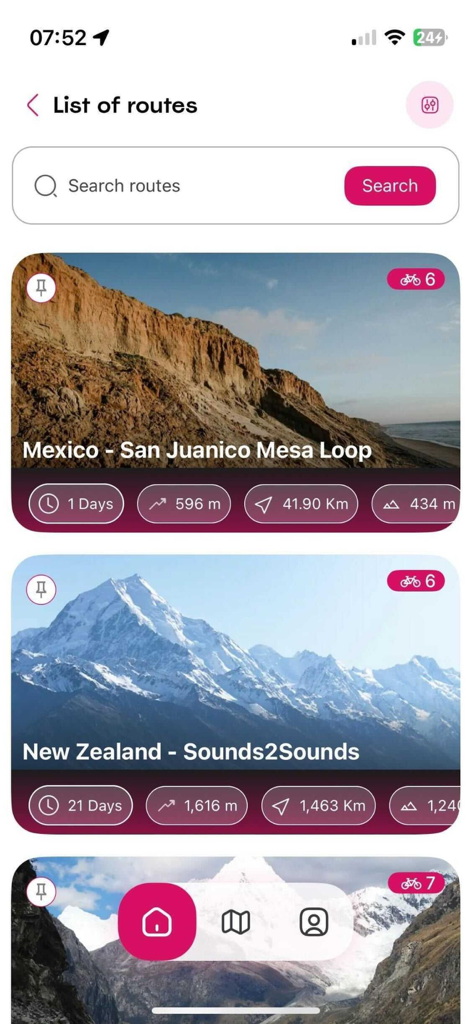 Rolling Around - Interface of the Rolling Around app showing a list of bikepacking routes with trip duration and distance details
