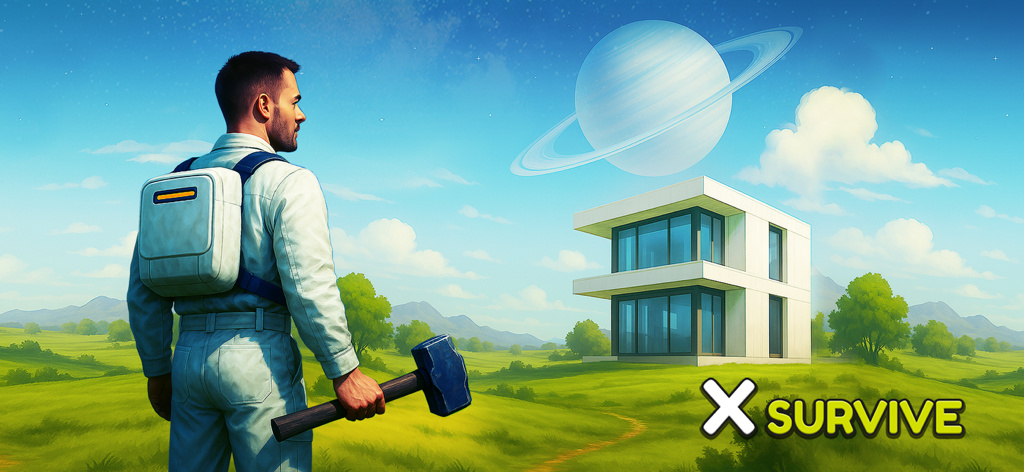 X Survive: Open World Sandbox - Character in a futuristic suit building a modern base on an alien planet