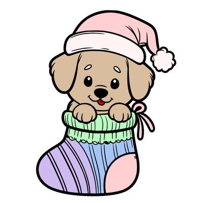 cute puppy wearing santa hat in socking
