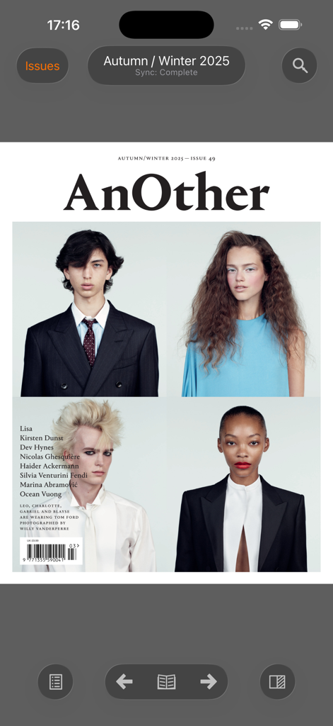 AnOther Magazine - Mobile app interface showing the digital cover of AnOther Magazine Autumn Winter 2025 issue with four fashion portraits.