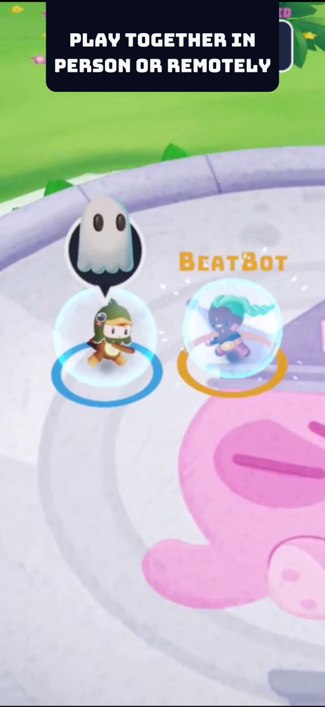 Play Friends: Party Games - Two cute game characters inside bubbles on a circular arena with text saying play together in person or remotely.