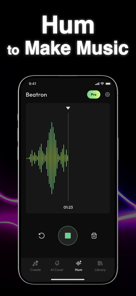 Beatron app interface for the hum to music feature showing a recording waveform.