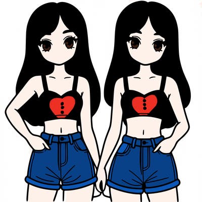 two sisters with crop tops and jean shorts and straight hair