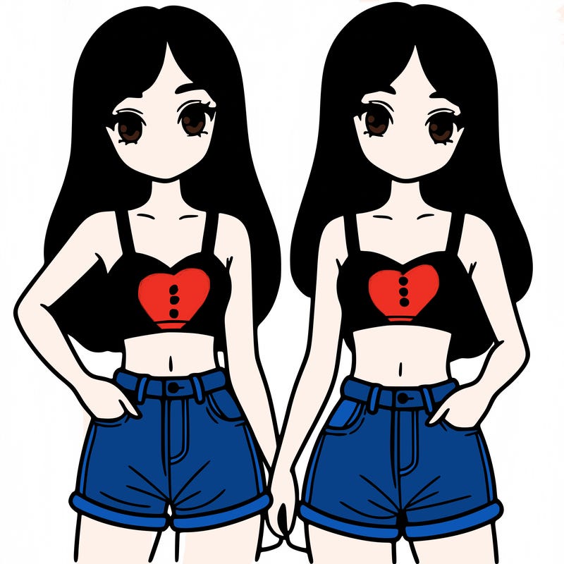 two sisters with crop tops and jean shorts and straight hair