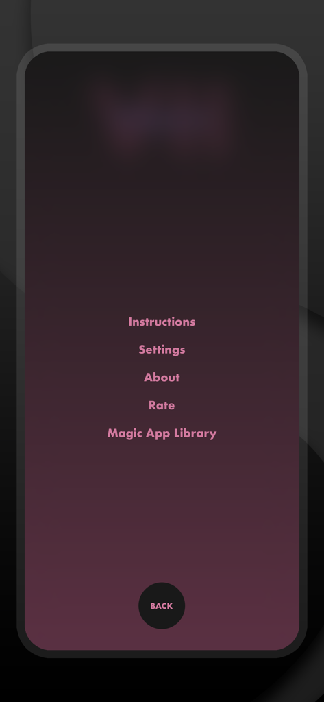 Stigma 7 - Magic Trick Tricks - Main menu of the Stigma 7 magic trick app showing options for instructions, settings, and about