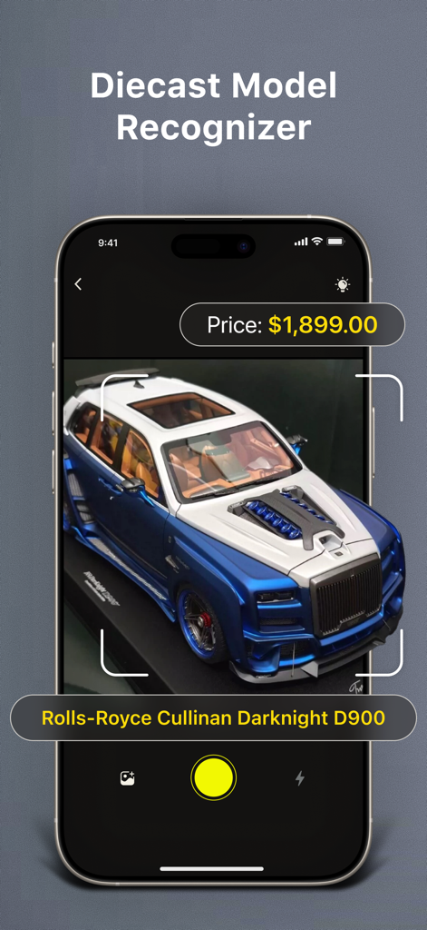 Diecast ID: Model Car Scanner - A smartphone using the Diecast ID app to scan and identify a blue and white Rolls-Royce Cullinan model car showing its estimated price