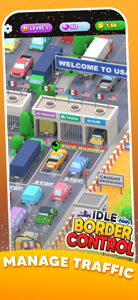 Idle Border Control - Top-down view of cars and trucks queuing at a US-Mexico border checkpoint in the Idle Border Control mobile game