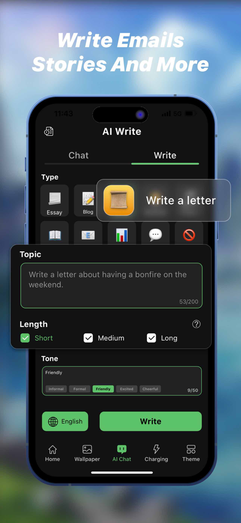 Live Wallpapers & Theme - NEXT - Interface of the AI writing tool in the NEXT app on an iPhone