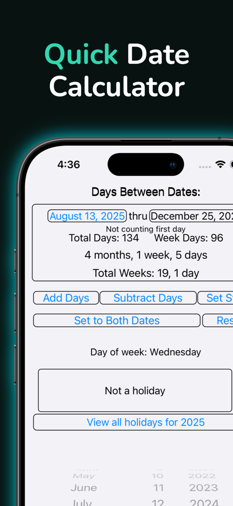 Between Dates Calendar Math - App Between Dates Calendar Math che mostra giorni totali e settimane tra due date selezionate