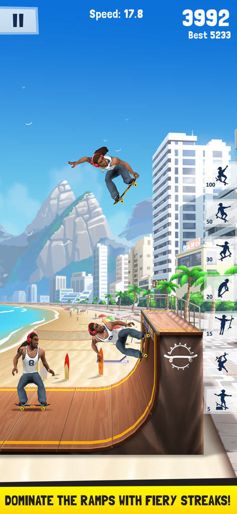 Skateboarder performing a high jump trick on a halfpipe ramp with a beach background
