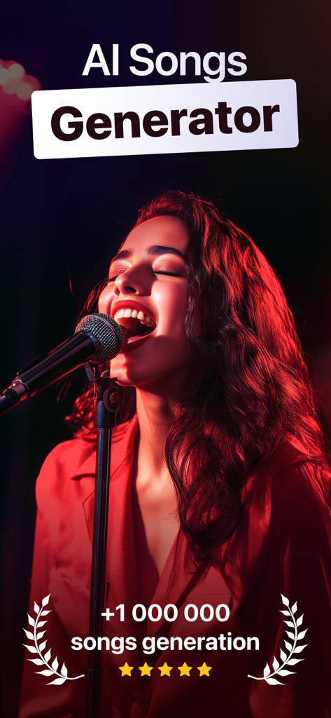 Eine Sängerin tritt mit einem Mikrofon unter roten Lichtern auf, um die App KI-Songgenerator zu zeigen, die den Meilenstein von über einer Million generierten Songs darstellt.