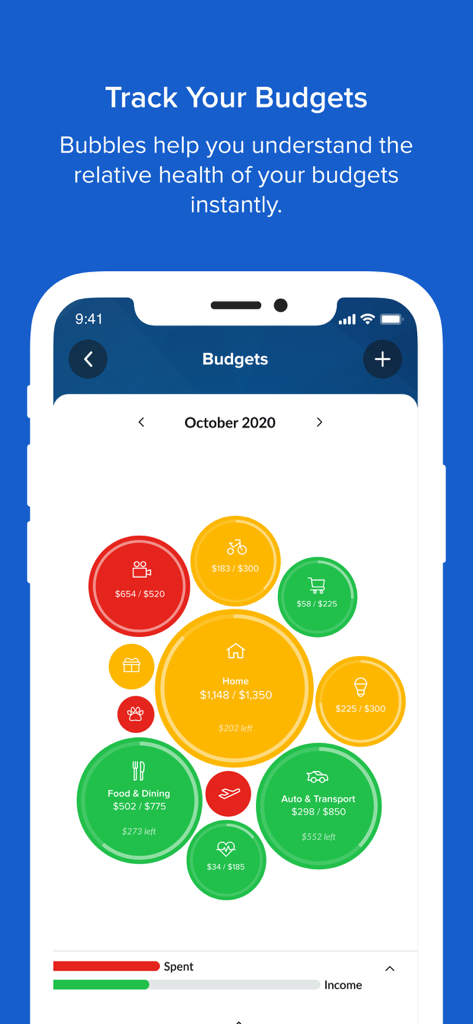 America First Credit Union - America First Credit Union Mobile App, die ein Budget-Tracking-Dashboard mit farbigen Kreisen anzeigt, die Ausgabenkategorien darstellen.