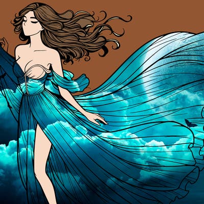 realistic woman in dress flowing the the wind