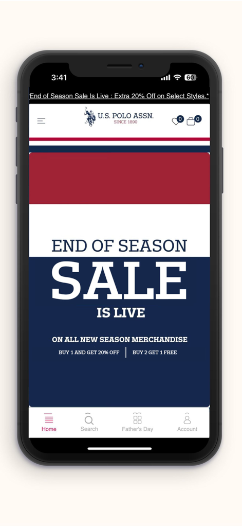 U.S. Polo Assn. - US Polo Assn mobile app home screen with end of season sale banner