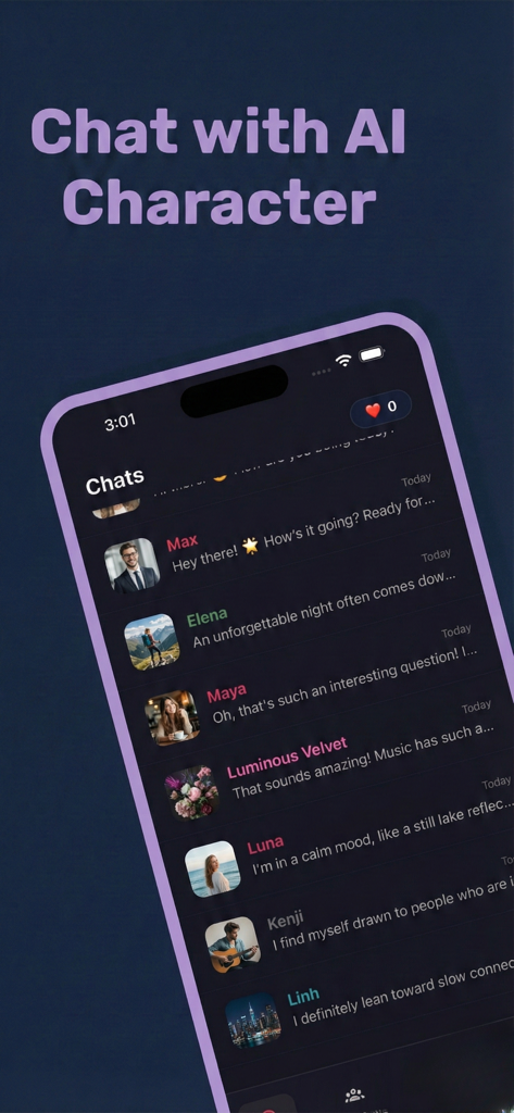 Mobile app interface showing a list of AI characters like Max and Elena available for chat in Crushly AI