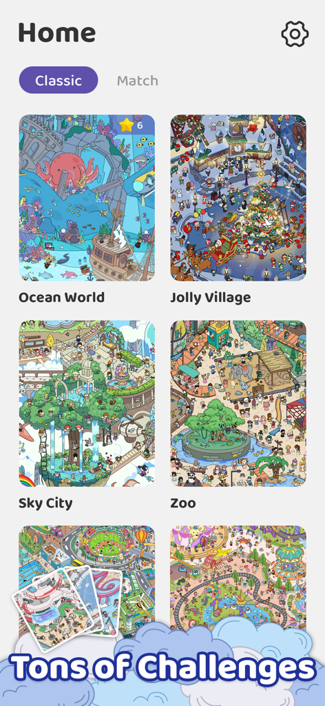 Tela inicial do aplicativo Objetos Escondidos exibindo várias opções de níveis ilustrados, incluindo Mundo Oceânico e Cidade Celeste