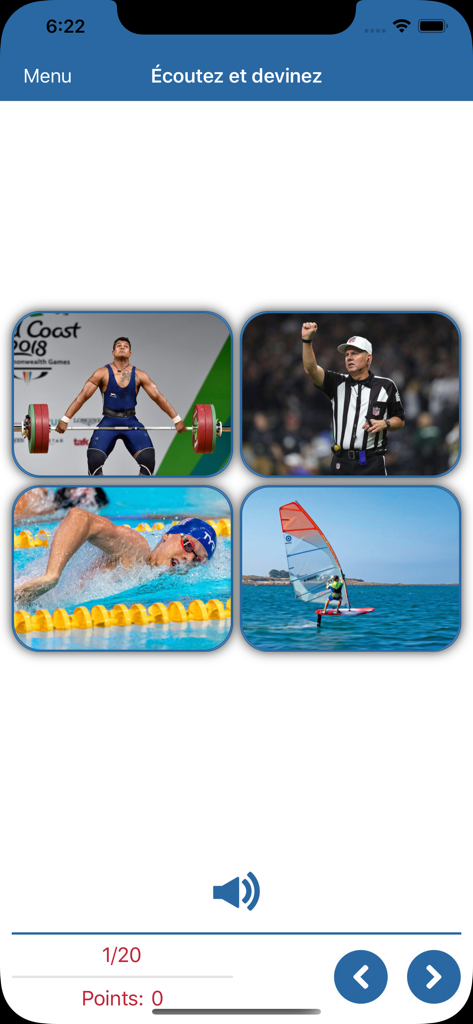 Learn English Vocabulary Pro - Listen and guess quiz interface in the Learn English Vocabulary Pro app showing sports images