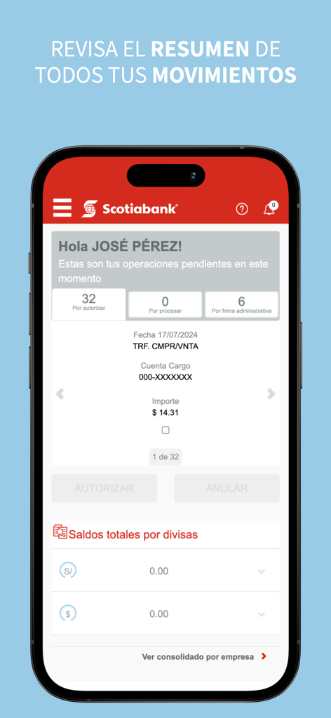 Telebanking móvil - Scotiabank - Interfaz móvil de Scotiabank Telebanking mostrando un resumen de transacciones pendientes y saldos de cuenta