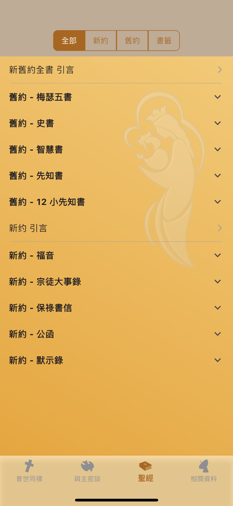 Ein mobiler App-Bildschirm, der ein Menü von Bibelkapiteln in traditionellem Chinesisch mit religiösen Symbolen zeigt.