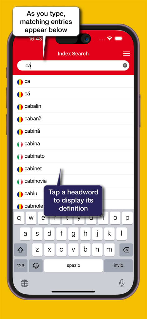 リアルタイムの単語提案が表示された索引検索インターフェースを示すルーマニア語・イタリア語辞書アプリ。