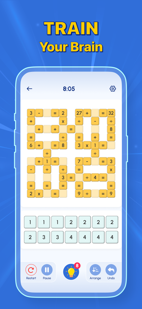 Cross Math: Brain Workout - Interfaz de la aplicación Cross Math que muestra una cuadrícula de crucigrama aritmético para entrenar el cerebro.