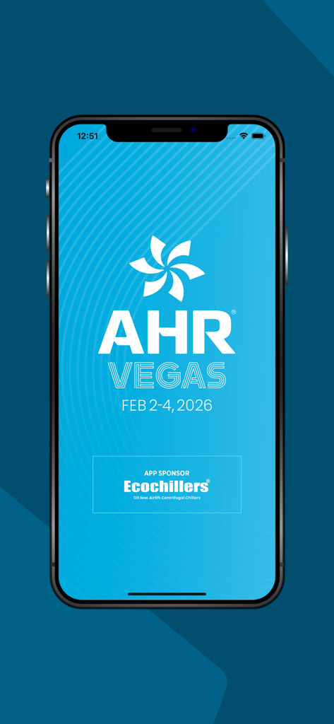 The splash screen of the 2026 AHR Expo mobile app featuring the event logo and dates for Las Vegas