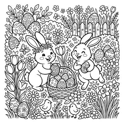 Dive into the festive spirit of spring with this charming Easter coloring page, featuring two joyful bunnies amidst a bounty of decorated eggs and blooming flowers. It's a delightful scene perfect for celebrating the season of renewal and creativity.