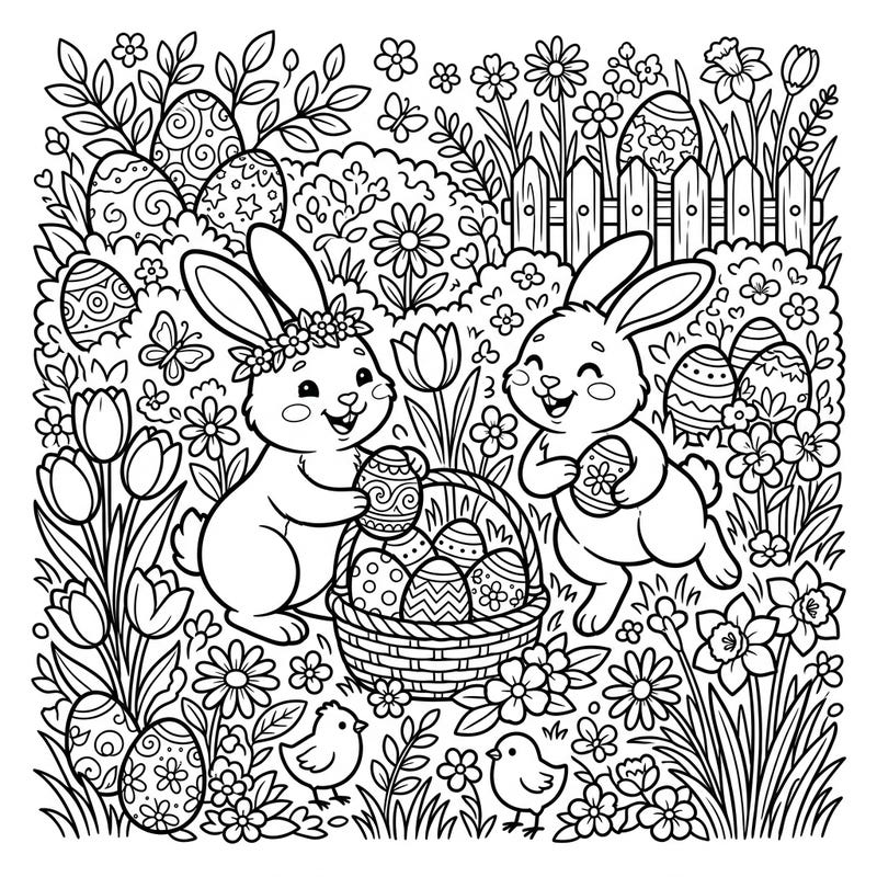 Dive into the festive spirit of spring with this charming Easter coloring page, featuring two joyful bunnies amidst a bounty of decorated eggs and blooming flowers. It's a delightful scene perfect for celebrating the season of renewal and creativity.
