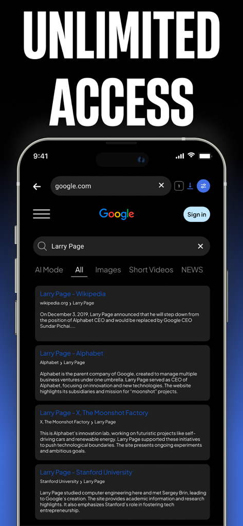Private Browser - dip - Private Browser dip mobile App-Oberfläche mit Suchergebnissen für Larry Page im Dunkelmodus mit der Überschrift Unlimited Access