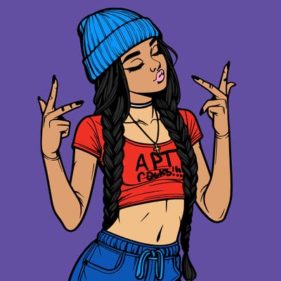 realistic teenage girl with braids and a beanie and crop top doing 🫶🏼