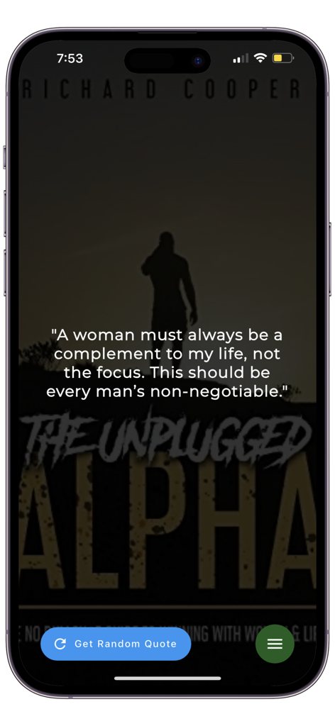 Quote Keeper: Save Book Quotes - Screenshot of Quote Keeper app showing a saved book quote over a dark background image.