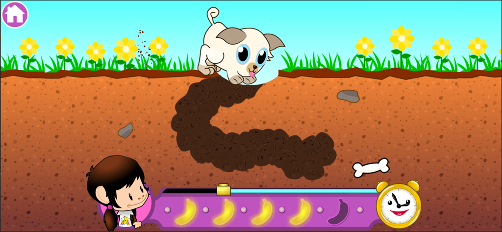 Zuzu's Bananas - A cute puppy digging a tunnel through dirt to find a bone in the Zuzus Bananas educational game.