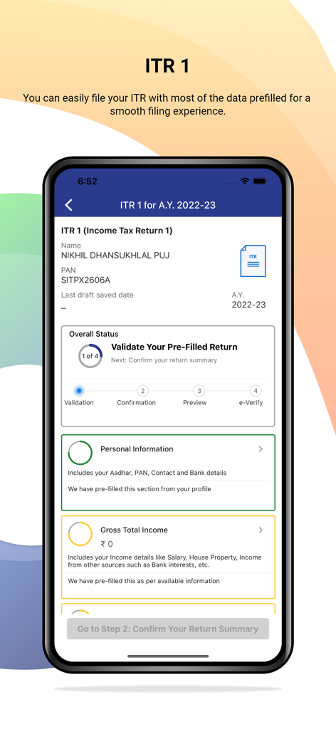 My I-tax - ITR 1에 대한 사전 입력된 소득세 신고서 제출 진행 상황을 보여주는 My I-tax 앱의 모바일 화면