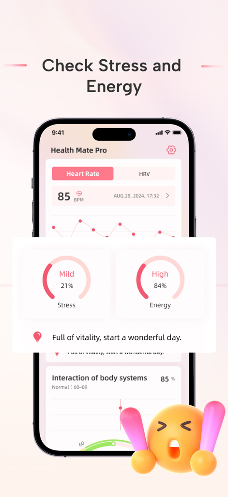 Health Mate Pro - Heart Rate - Panel de la aplicación Health Mate Pro que muestra el ritmo cardíaco, el estrés y los niveles de energía