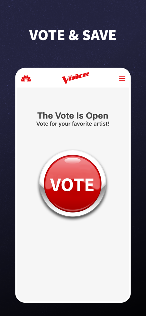 The Voice app voting interface with a large red button to vote for favorite artists