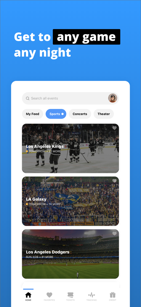 Schermata iniziale dell'app TickPick che mostra elenchi di biglietti sportivi per squadre di Los Angeles