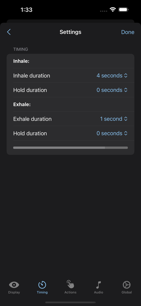 Breathe Bubble - Settings screen in the Breathe Bubble app for customizing inhale and exhale durations